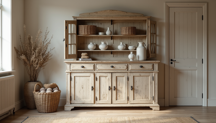 Close-up view of a distressed wooden farmhouse cabinet with ceramic vases and woven baskets