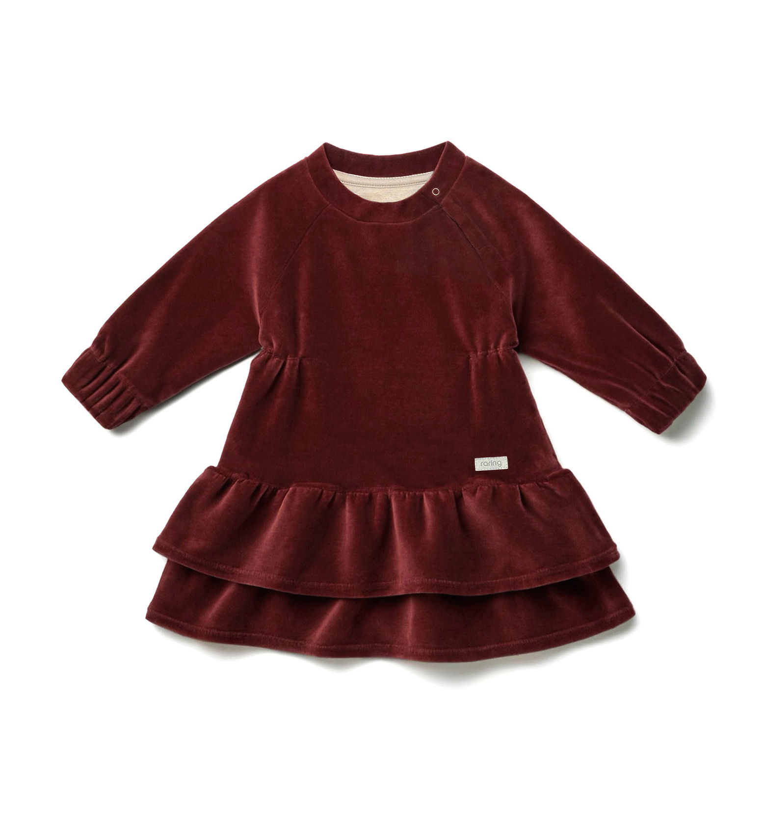 Volangklänning i tegelröd velour för baby och barn från Raring Kids Atelier Collection