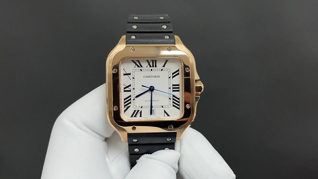 CARTIER SANTOS WHITE DIAL BEZEL ROSE GOLD WATCH  FROM BV