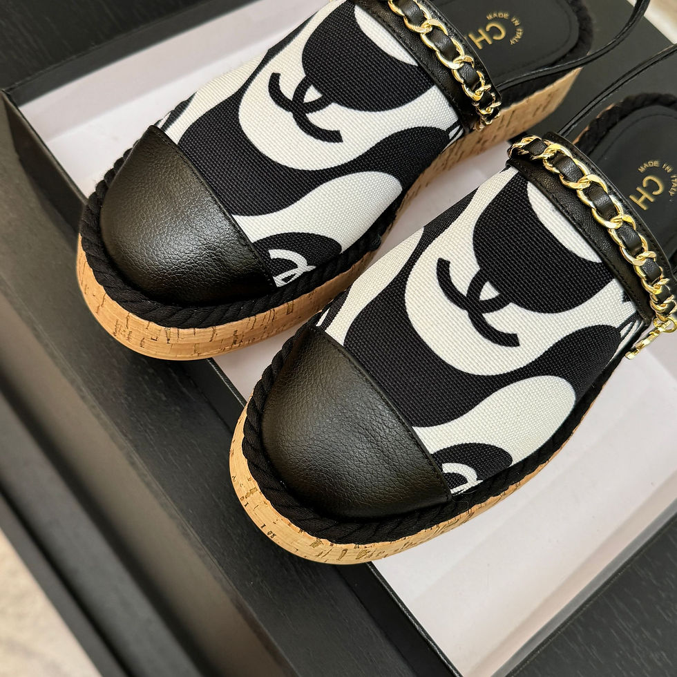 Thumbnail: CHANEL COTTON CORK PRINTED CAP TOE CHAIN MULES SANDALS