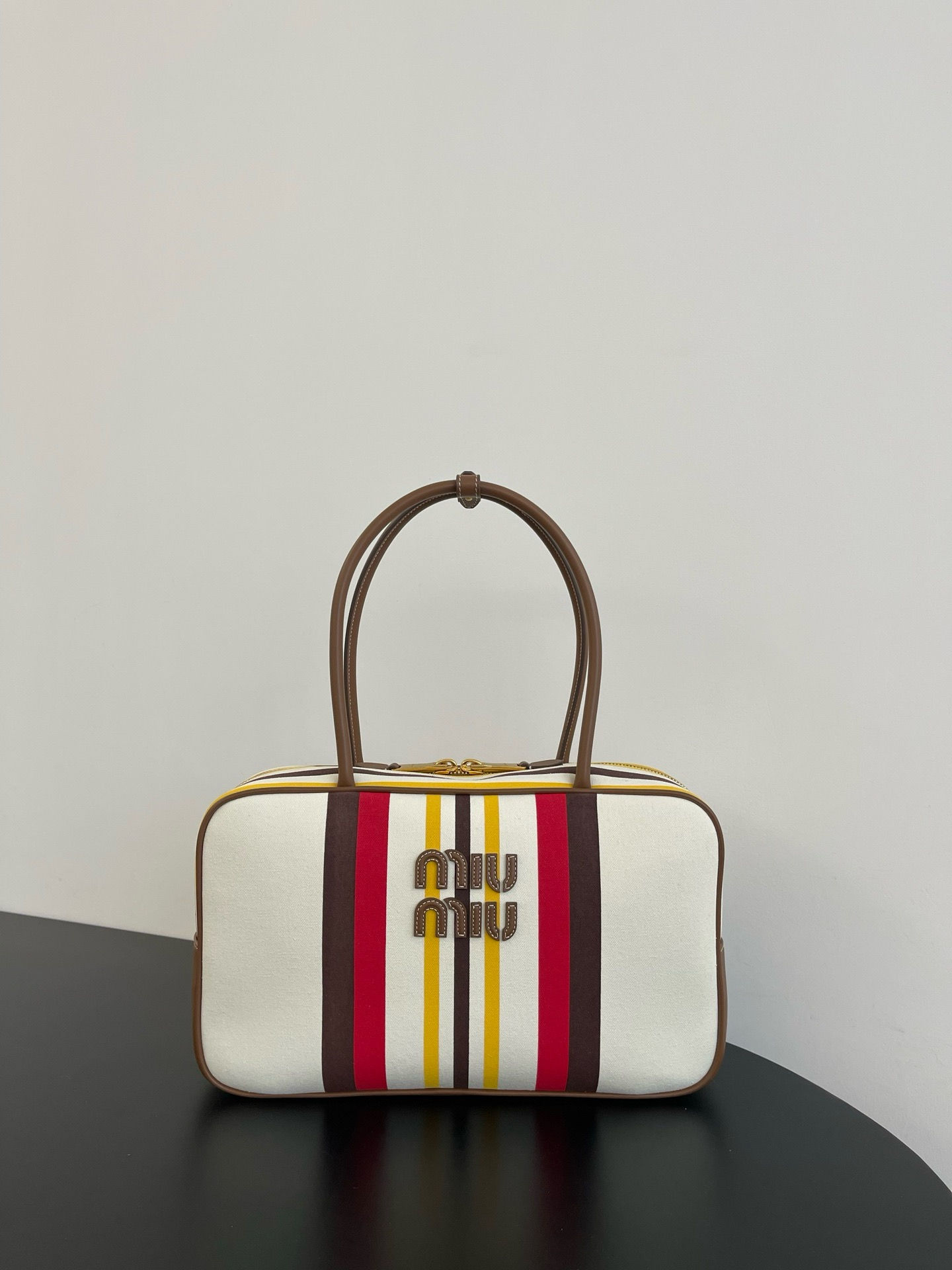 MIU MIU BEIGE DARK BROWN BEAU CANVAS LEATHER BAG