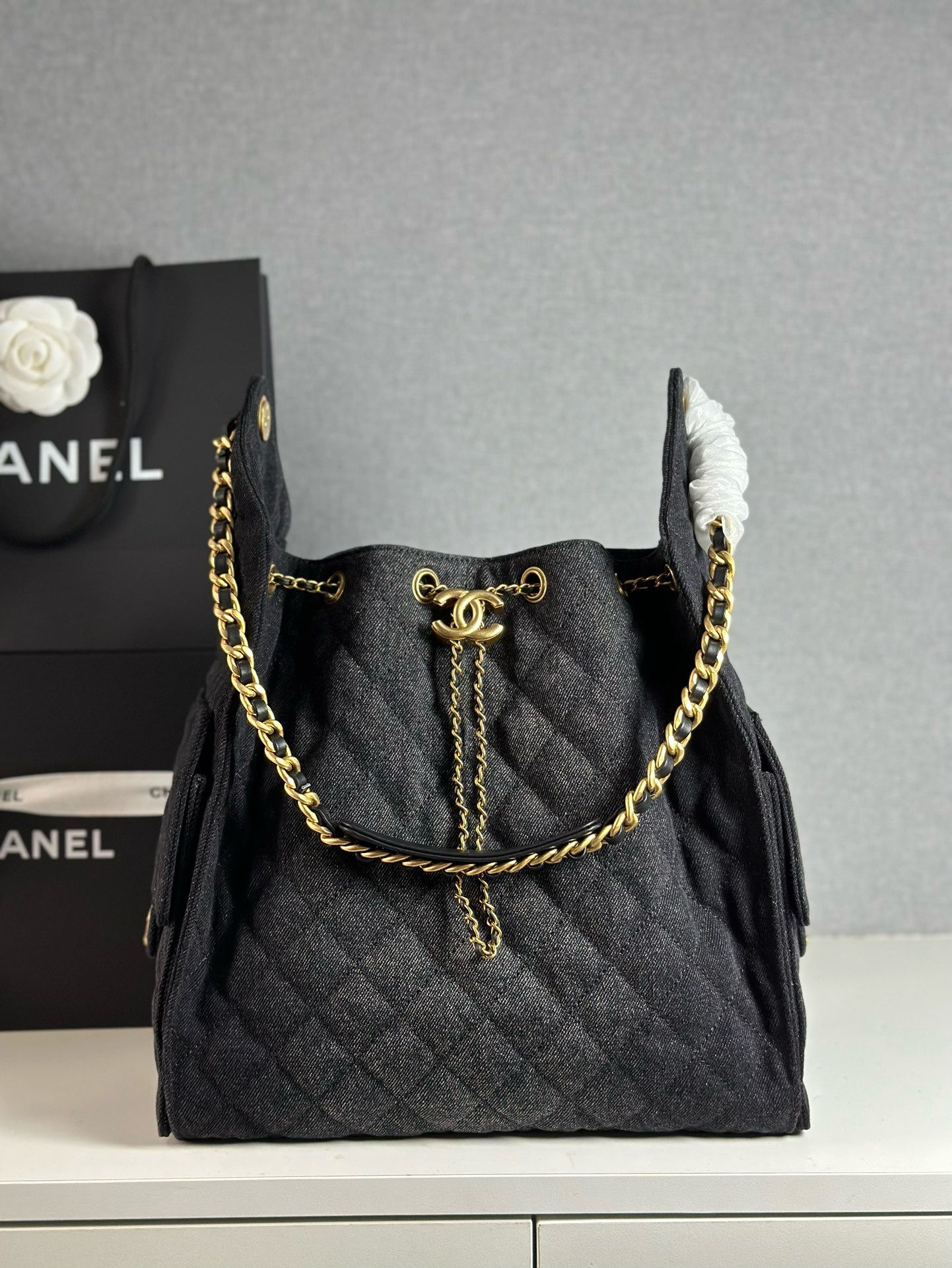 CHANEL 25S CARGO MEDIUM DENIM BLACK LEATHER ULTIMATE BAG
