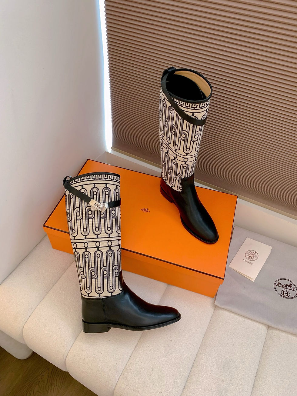 Thumbnail: HERMES JUMPING KELLY BOOTS WITH PATTERNED CANVAS 