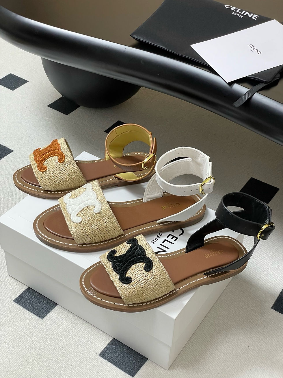 CELINE LYMPIA FLAT STRAP SANDAL IN RAFFIA