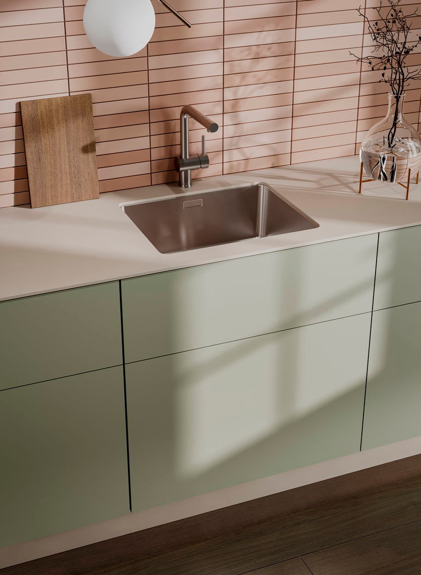 Hygge warm calm tranquill green color kitchen cabinets