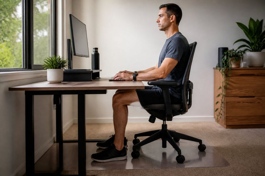 Person with good posture at an ergonomic desk to prevent desk neck pain