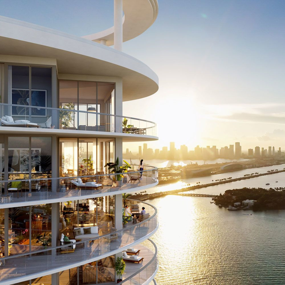 Rendering of Five Park new construction overlooking Miami skyline