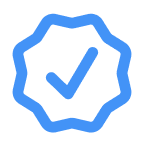 Blue check icon with a hexadecagon border