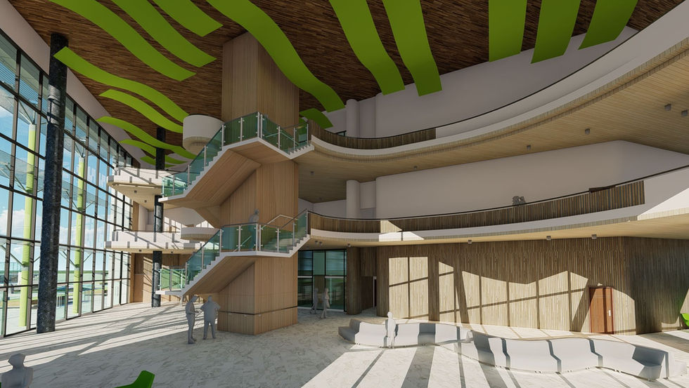 an artist 's impression of a building with stairs and a green ceiling