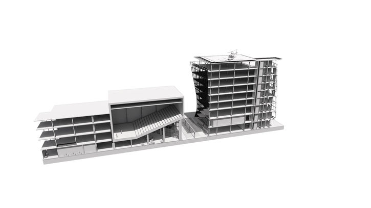a model of a building with a helicopter on top of it