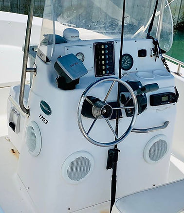 Display of our boat safety and operational features : vhf radio, garmin GPS, Compass, radio with blutooth capabilities