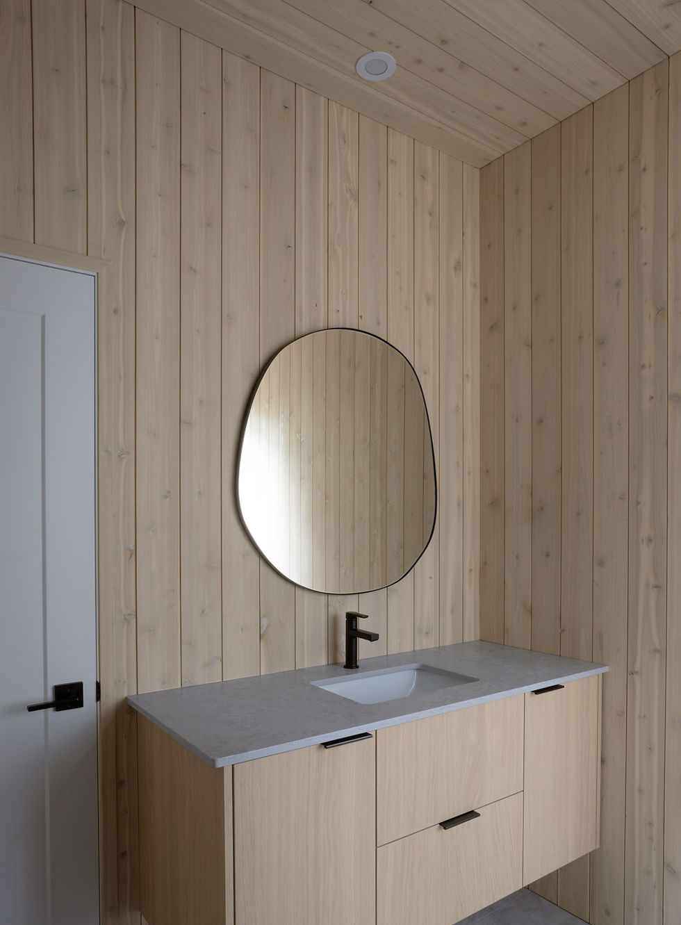 Wood-paneled bathroom with an irregular oval mirror and light wood vanity. Black faucet and modern handles; calm, minimalist setting.