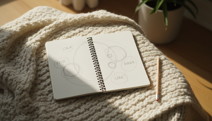 Overhead view of an open notebook with simple hand-drawn circles representing inner parts.