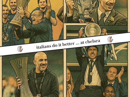 il chelsea è la prima squadra a vincere tutti i tornei UEFA e il marchio di fabbrica è degli allenatori italiani: vialli, di matteo, sarri e maresca, epoche e modi giocare diversi ma stesso risultato, quello che conta.