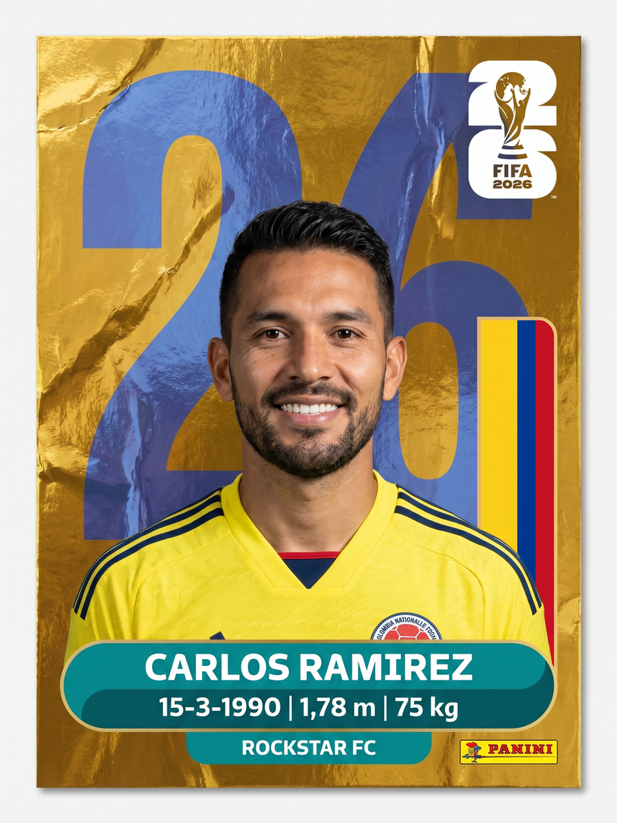 Ejemplo de laminita estilo Panini FIFA 2026 personalizada con Photobooth Virtual Rockstar