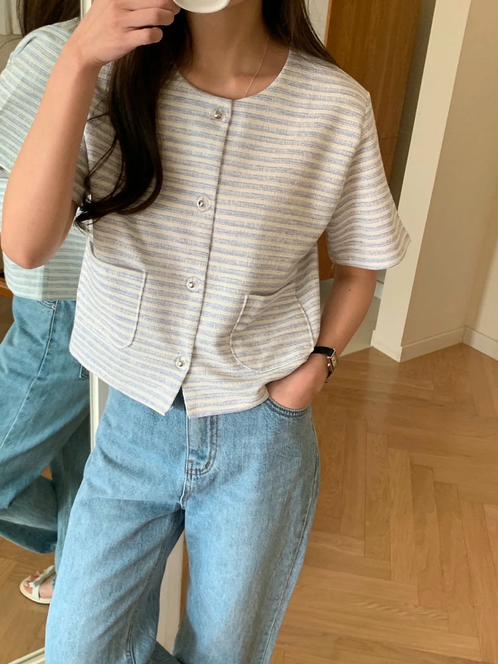 縮圖：間條透明鈕休閑開衫