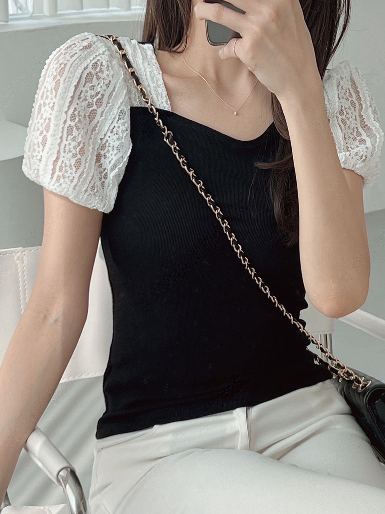 至索返工款 lace袖拼針織上衣