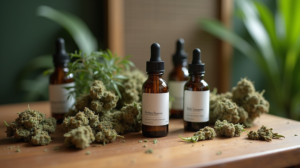High angle view of a variety of CBD hemp products arranged on a wooden table
