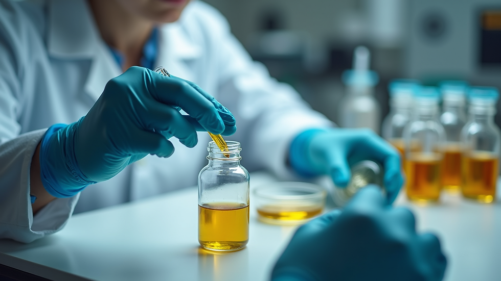 High angle view of a lab technician testing CBD oil samples