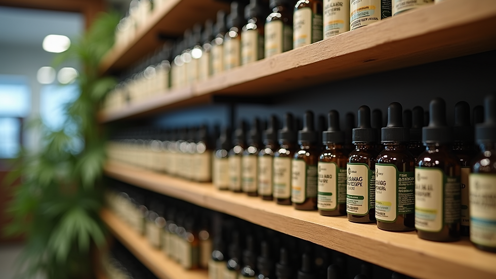 Eye-level view of a cbd hemp dispensary shelf with various CBD products