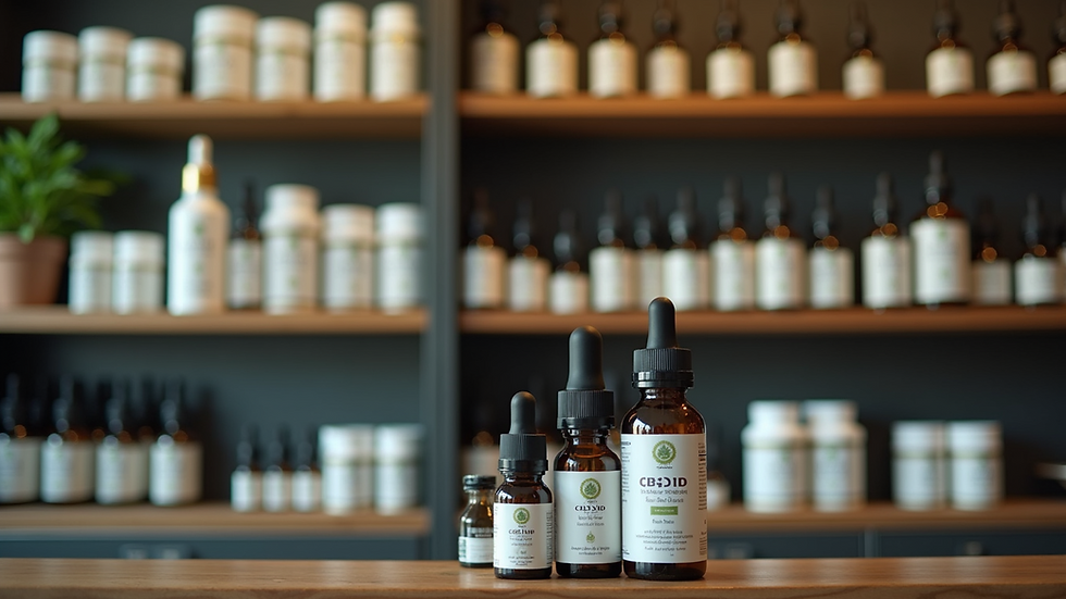 Close-up view of a dispensary shelf filled with various CBD products