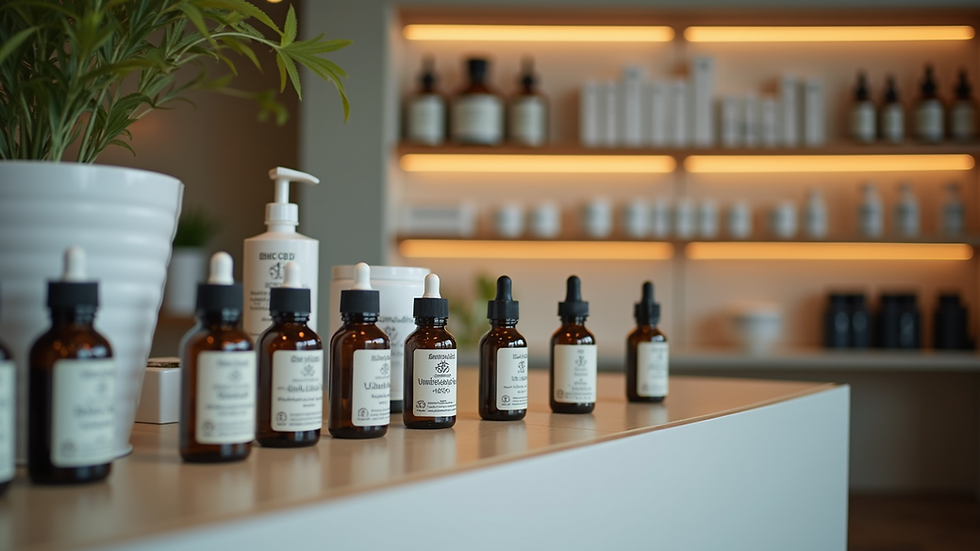 Eye-level view of a modern CBD dispensary interior with shelves of products