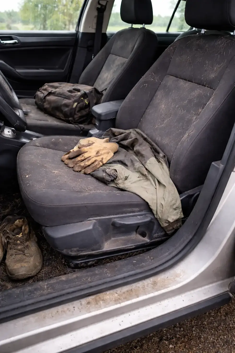 Vordersitze eines Autos mit leichten Schmutzspuren und Tierhaaren im Stoff. Auf dem Sitz liegen Arbeitsjacke, Handschuhe und Tasche, am Türschweller sind kleine Kratzer und etwas Schmutz vom Einsteigen und Beladen sichtbar.