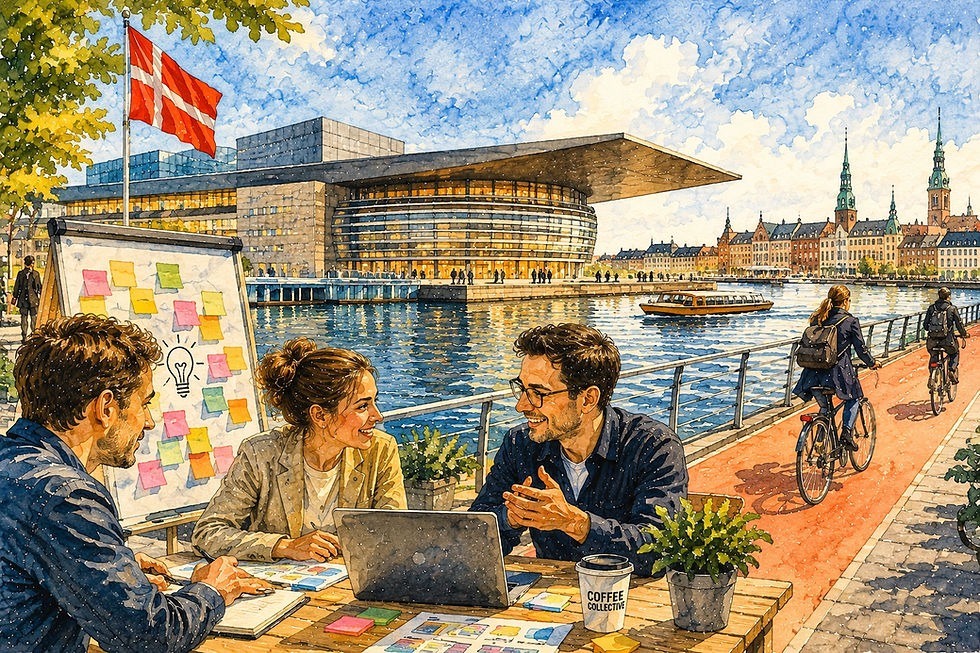 Detaljert akvarell fra Københavns havnefront der medarbeidere utvikler og diskuterer ideer sammen, som illustrerer medarbeiderdrevet innovasjon, kreativitet, fagkunnskap og samarbeid – sentrale perspektiver i forskning på hvordan menneskers kompetanse kan bidra til innovasjon.