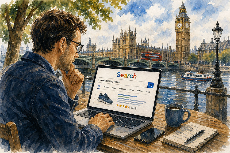 Akvarell fra London med en person som bruker en søkemotor på laptop for å finne løpesko, med søkeresultater, produktsøk og kundeomtaler, som illustrerer Google, SEO, søkeintensjon og kampen om digital synlighet.