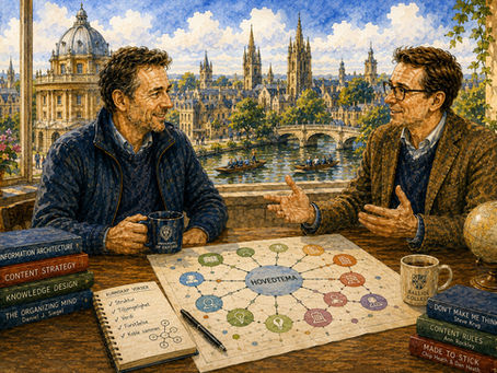 Magne og KI-Kompisen diskuterer hvordan man bygger gode temasider i et varmt akvarellmotiv fra Oxford. På bordet ligger et visuelt kart over et kunnskapsunivers der et hovedtema er koblet til undertemaer, artikler, guider og relaterte fagområder. Oxford-universitetets historiske bygninger danner bakgrunnen og understreker sammenhengen mellom kunnskap, læring og struktur. Illustrasjonen visualiserer hvordan en temaside kan fungere som et kart over kunnskapen, skape oversikt over et stort fagområde og gjøre det enklere for mennesker, søkemotorer og KI-systemer å forstå hvordan innhold på et nettsted henger sammen.