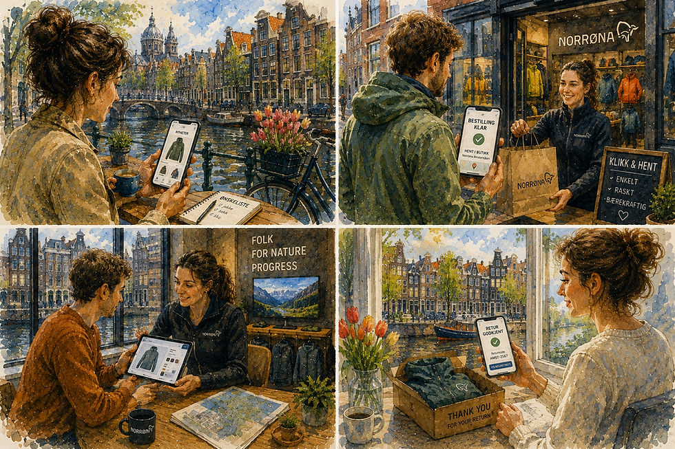 Samleakvarell fra Amsterdam som illustrerer utviklingen fra multichannel til omnichannel, med netthandel, mobil, fysisk butikk, Click & Collect, personlig rådgivning og retur som deler av én sammenhengende kundereise.