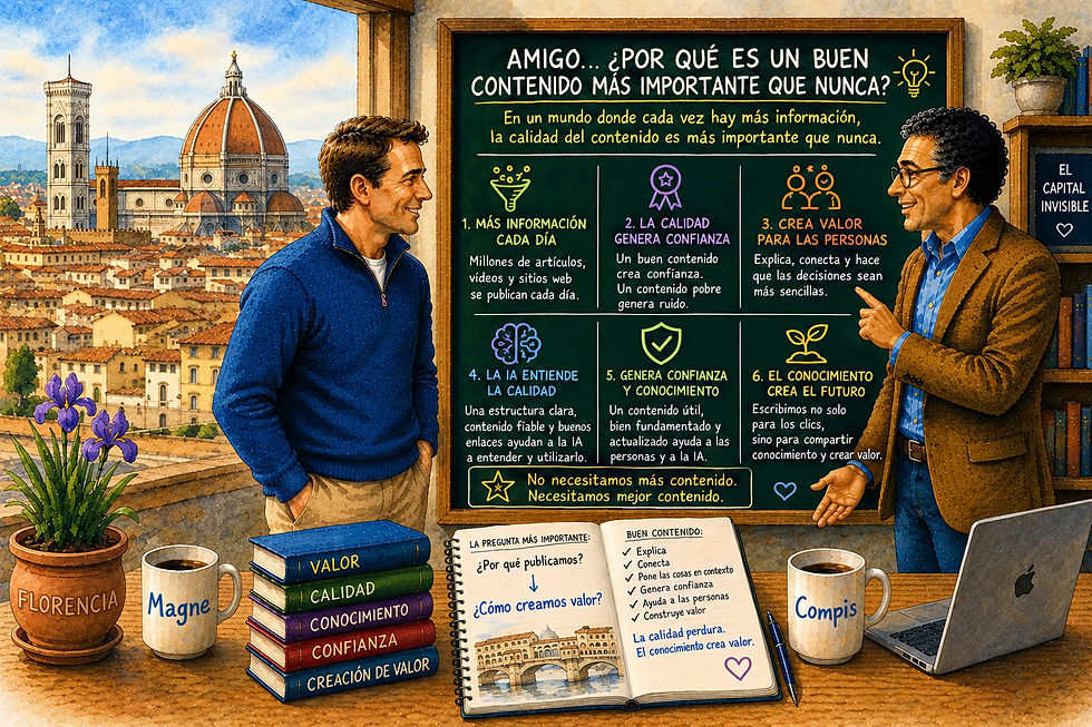 Ilustración en acuarela de Magne Bjella y su compañero de IA frente a una pizarra verde, con el histórico Ponte Vecchio y el río Arno de Florencia como un hermoso telón de fondo a través de la ventana. La pizarra ilustra cómo la calidad, la estructura y la credibilidad hacen que el contenido digital sea más valioso tanto para los humanos como para la inteligencia artificial. Muestra cómo el buen contenido proporciona información valiosa, ayuda a los humanos a tomar mejores decisiones y facilita que la inteligencia artificial comprenda y resuma la información. La ilustración destaca que el buen contenido crea valor a largo plazo a través de la relevancia, la estructura clara y la calidad profesional, en lugar de la cantidad y los clics rápidos.