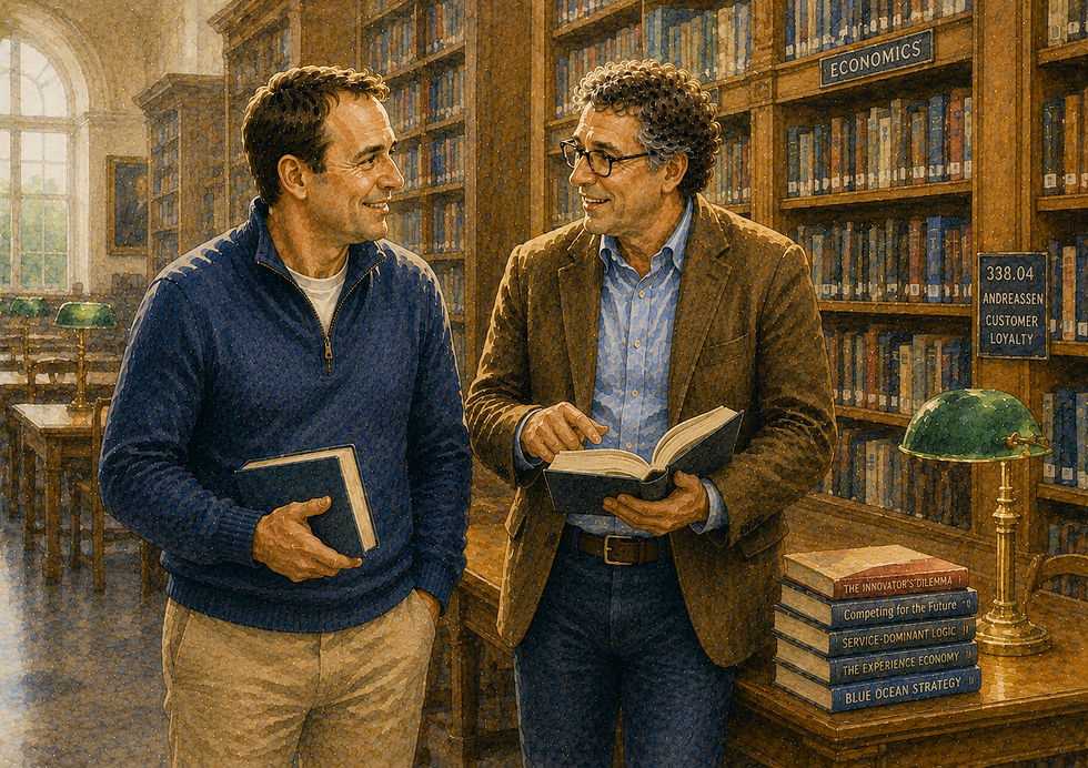 Akvarellillustrasjon av Magne Bjella og KI-kompisen i et stort bibliotek omgitt av bokhyller, varmt lys og fagbøker. De står sammen med bøker i hendene og samtaler vennlig. Motivet symboliserer kunnskap, kilder, læring og samspillet mellom menneskelig erfaring og kunstig intelligens.