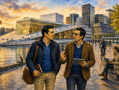 Magne og KI-Kompisen går langs havnepromenaden i Bjørvika foran Den Norske Opera & Ballett i Oslo og diskuterer hva som skjer når kunstig intelligens blir tilgjengelig for alle. Operaen, MUNCH, moderne kontorbygg, Oslofjorden, syklister, fotgjengere og mennesker som arbeider digitalt danner et levende bilde av en moderne by der teknologi allerede er en naturlig del av arbeid og hverdagsliv. Magne bærer notatbok mens KI-Kompisen holder et digitalt nettbrett, som en visuell kobling mellom menneskelig kunnskap og ny teknologi. Akvarellen introduserer spørsmålet om hva som skjer med konkurransefortrinn når virksomheter, medarbeidere, kunder, leverandører og konkurrenter får tilgang til mange av de samme KI-verktøyene. Motivet illustrerer overgangen fra kunstig intelligens som noe nytt og eksklusivt til KI som en del av den digitale infrastrukturen, der forskjellene mellom virksomheter i større grad kan skapes av kunnskap, mennesker, organisering, kundeinnsikt og evnen til å gjennomføre.