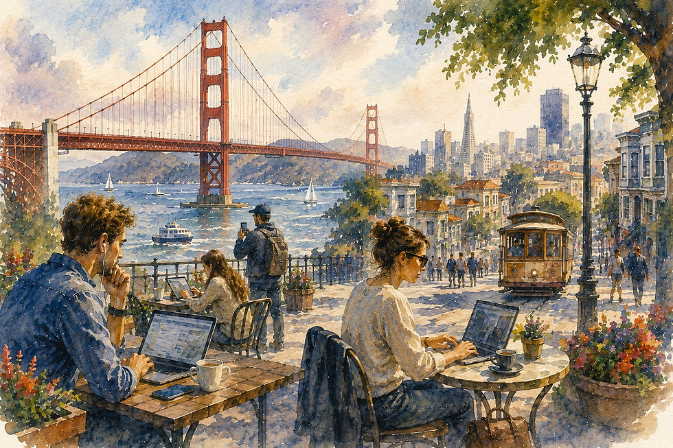 Akvarell fra San Francisco med Golden Gate Bridge, mennesker med bærbare datamaskiner og digital teknologi, som illustrerer hvordan PC, internett og World Wide Web la grunnlaget for moderne digitalisering.