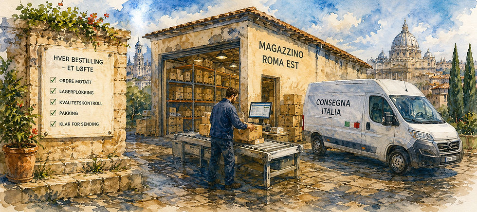 Akvarell av lager og varelevering i Roma som viser infrastrukturen bak moderne e-handel, der lagerstyring, logistikk, teknologi og integrerte systemer kobler kundens bestilling til fysisk vareflyt.