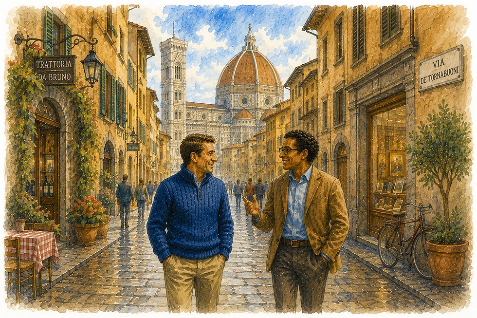 Stor akvarellillustrasjon av Magne og Kompisen som vandrer gjennom en historisk gate i Firenze mens de samtaler om hvorfor kunstig intelligens noen ganger kan ta feil. Omgitt av brosteinsgater, klassiske renessansebygninger, små trattoriaer og den majestetiske domkirken Santa Maria del Fiore i bakgrunnen illustrerer motivet hvordan forståelse utvikles gjennom dialog, refleksjon og nysgjerrighet. Illustrasjonen visualiserer hovedtemaet i artikkelen: at kunstig intelligens ikke arbeider som et tradisjonelt oppslagsverk, men analyserer språk, mønstre, kontekst og sannsynlighet når den bygger svar. Samtalen mellom Magne og Kompisen understreker at feil ikke nødvendigvis skyldes dårlig teknologi, men kan oppstå fordi spørsmål er uklare, informasjon er mangelfull eller ulike kilder gir forskjellige svar. Motivet symboliserer hvordan kritisk tenkning, menneskelig vurdering og gode spørsmål fortsatt er avgjørende i møte med kunstig intelligens. Illustrasjonen er en del av serien Magne & Kompis