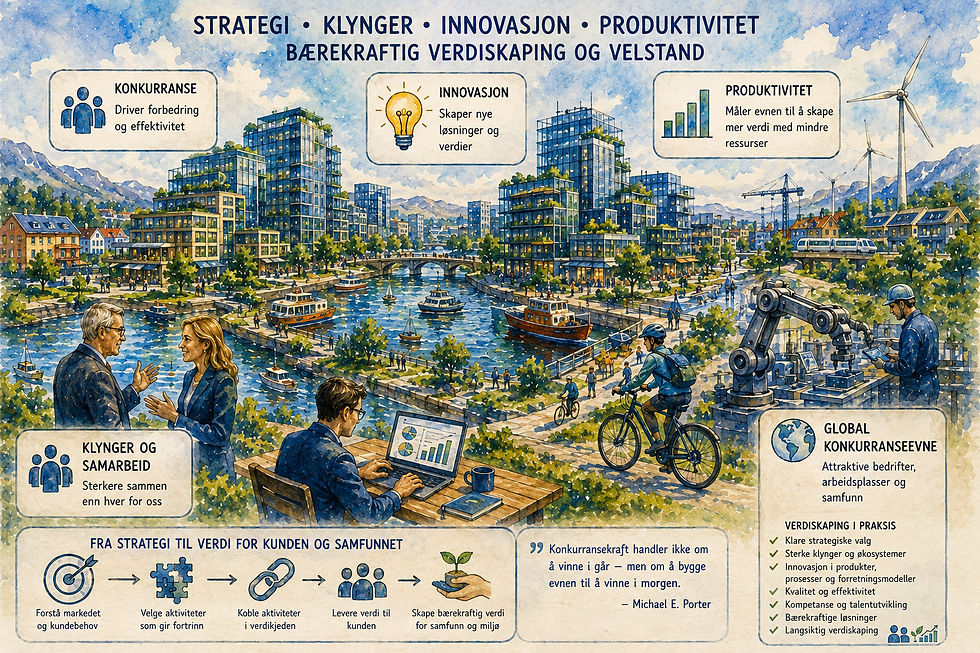 Stor akvarellillustrasjon som viser Michael Porters forståelse av hvordan strategi, innovasjon, produktivitet og samarbeid skaper langsiktig verdiskaping. Et moderne by- og havnemiljø illustrerer samspillet mellom næringsliv, teknologi, industri, bærekraftige løsninger og kunnskapsarbeidere, mens visuelle modeller viser hvordan konkurranse, innovasjon, klynger, verdikjeder og strategiske valg styrker virksomheters konkurranseevne. Illustrasjonen visualiserer hvordan produktivitet, kontinuerlig forbedring, samarbeid og kundeorientering danner grunnlaget for bærekraftig økonomisk vekst, høy verdiskaping og sterk internasjonal konkurransekraft.