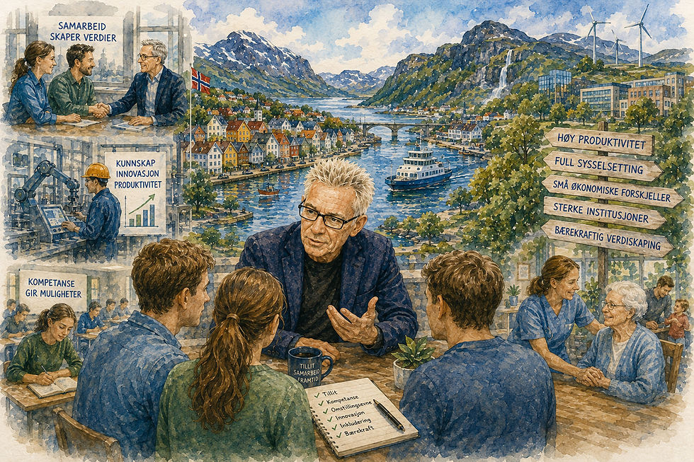Stor norsk akvarellillustrasjon som visualiserer hovedkonklusjonen fra den forskningsbaserte serien om verdiskaping: Verdiskaping skjer i samspill mellom mennesker, kunnskap, næringsliv, offentlig sektor og samfunnets institusjoner. En gruppe mennesker diskuterer rundt et bord der en åpen bok viser forbindelser mellom utdanning og kunnskap, mennesker, offentlige institusjoner og næringsliv. Rundt dem ligger analyser og diagrammer som symboliserer forskning, produktivitet og økonomisk utvikling. I bakgrunnen møtes et norsk fjordlandskap, levende lokalsamfunn, moderne arbeidsplasser, offentlige institusjoner og fornybar energi. Akvarellen illustrerer hvordan kunnskap, innovasjon, produktivitet, tillit, samarbeid, sterke institusjoner og konkurransekraft virker sammen og danner grunnlaget for langsiktig økonomisk utvikling, bærekraftig verdiskaping og velferd.