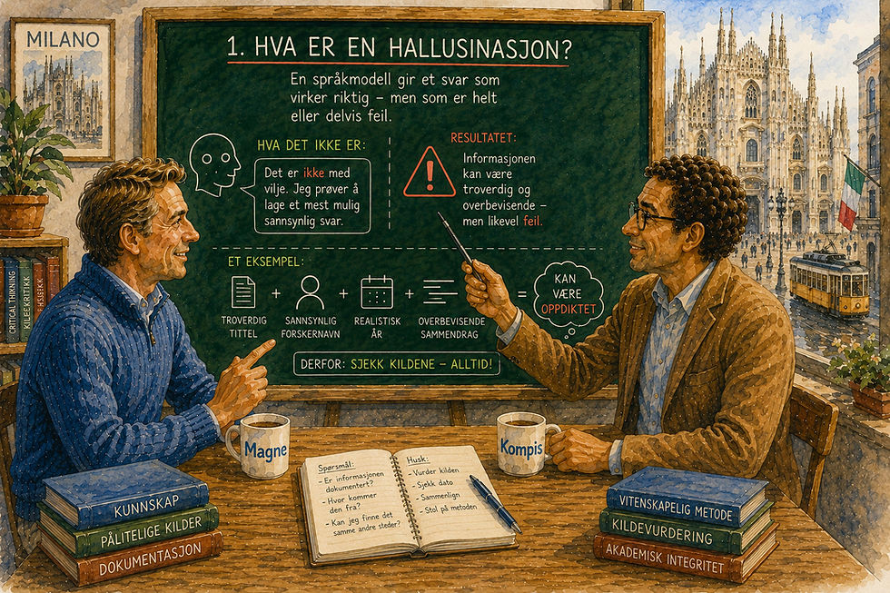 Pedagogisk tavleakvarell fra artikkelen «Kompis... hva er egentlig en hallusinasjon?» som viser Magne og Kompisen foran en grønn undervisningstavle med utsikt mot den imponerende Duomo di Milano og Piazza del Duomo. Tavlen forklarer hva en hallusinasjon betyr innen kunstig intelligens, og viser at en språkmodell kan presentere informasjon som virker troverdig, logisk og overbevisende selv om den er feil, mangler dokumentasjon eller er oppdiktet. Gjennom enkle illustrasjoner og visuelle symboler forklares hvorfor dette ikke skyldes en bevisst løgn, men hvordan språkmodeller arbeider med sannsynlighet, språk og mønstre. Illustrasjonen fremhever betydningen av kildekritikk, forskningsbasert dokumentasjon og kontroll av viktige opplysninger. Akvarellen inngår i serien Magne & Kompisen, hvor kunstig intelligens, språkmodeller, digital kompetanse, kritisk tenkning og kunnskapsutvikling forklares på en pedagogisk og lett tilgjengelig måte.