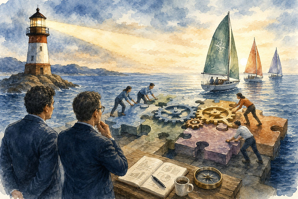 Watercolor illustration of Michael E. Porter's understanding of strategy as a coherent system of choices and activities. Puzzle pieces and gears symbolize strategic fit and mutually reinforcing activities, while lighthouses, compasses, and sailboats illustrate clear direction, strategic choices, and long-term continuity. The motif visualizes the core of Porter's "What Is Strategy?" - creating a unique position that provides lasting competitive advantage.