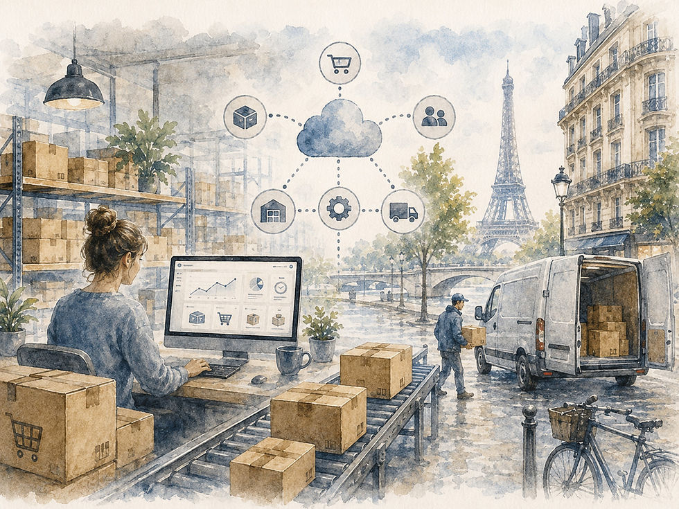 Akvarell fra Paris av lager, pakker, vareflyt og levering koblet til digitale systemer. Bildet illustrerer hvordan data, integrasjoner, lagerstyring og logistikk må arbeide sammen for å gjøre moderne e-handel effektiv og sammenhengende.