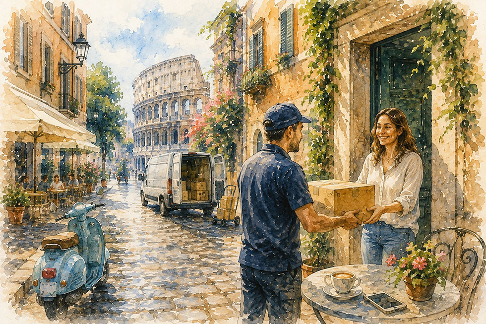 Akvarell av en kunde som mottar en netthandelsleveranse hjemme i Roma, som illustrerer hvordan logistikk, levering og menneskelige kontaktpunkter blir en del av den samlede kundeopplevelsen og verdiskapingen i e-handel.