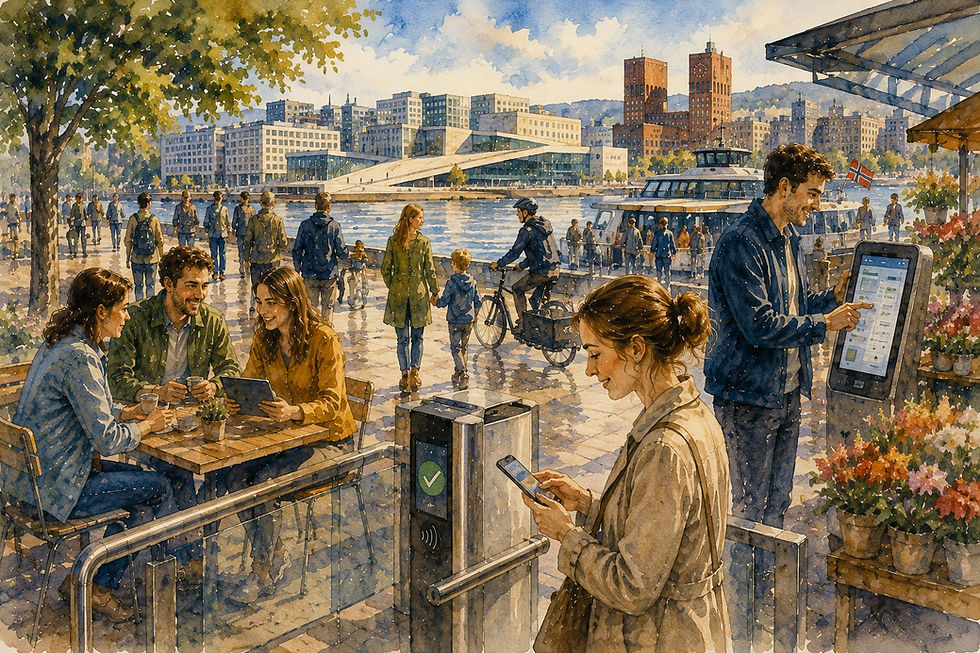 Detaljert akvarell fra Oslo der mennesker bruker digitale tjenester og løsninger i hverdagen, som illustrerer hvordan innovasjon først får praktisk betydning gjennom implementering, anvendelse og mulig verdiskaping.