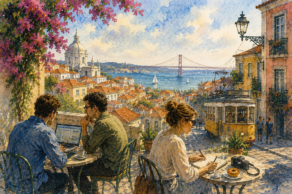 Akvarell fra Lisboa med mennesker som bruker digitale verktøy i et internasjonalt bymiljø, som illustrerer hvordan internett og World Wide Web gjorde digital informasjon og tjenester globalt tilgjengelige.