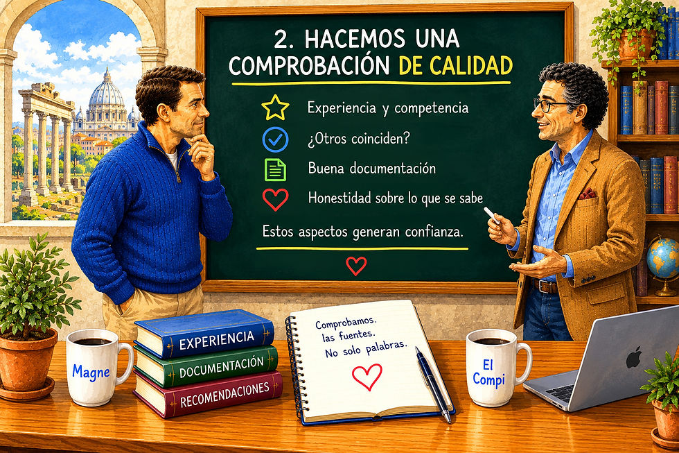 Ilustración en acuarela de Magne y Kompisen frente a una pizarra verde que explica cómo las personas realizan intuitivamente una comprobación de calidad antes de confiar en información o personas. Mediante iconos claros y palabras clave breves, se ilustra la importancia de la experiencia, la pericia, la documentación, las recomendaciones y la honestidad ante la incertidumbre. Con Roma como evocador telón de fondo, la ilustración muestra cómo estas señales de calidad generan credibilidad tanto para los humanos como para la inteligencia artificial. La pizarra subraya que la confianza se crea a través de la calidad documentada y la integridad profesional, no solo mediante afirmaciones.