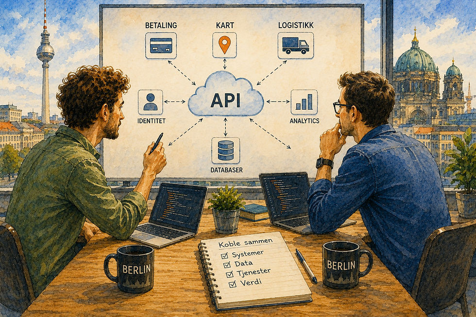 Akvarell fra Berlin som illustrerer API-er og integrasjoner mellom digitale tjenester, der ulike systemer, data og funksjoner kobles sammen i et digitalt økosystem.