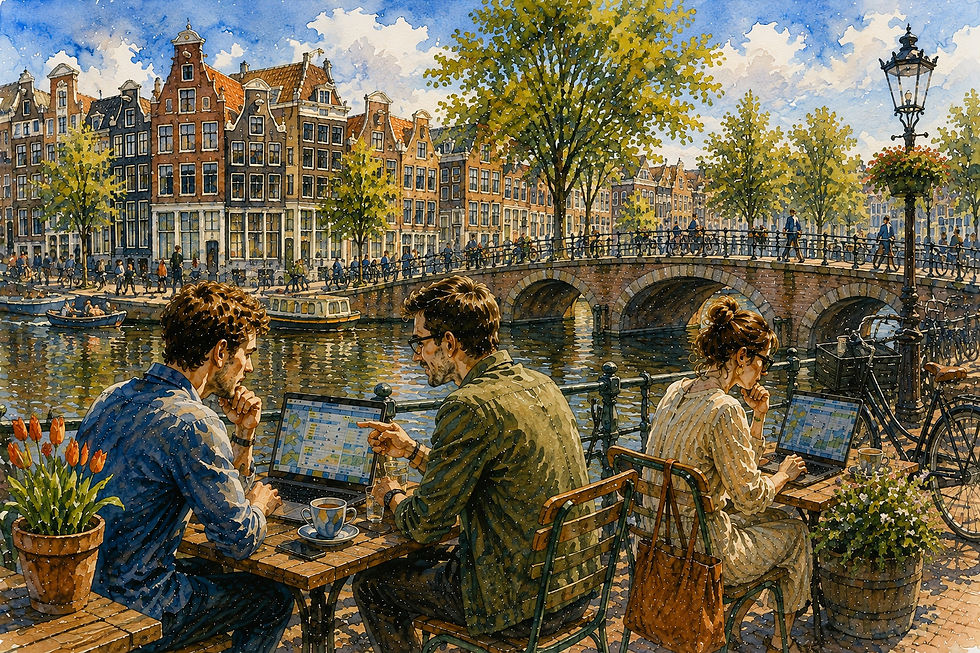 Akvarell fra Amsterdam med kanaler, sykler og mennesker som bruker digitale verktøy, som illustrerer digitalisering av arbeidsprosesser og hvordan teknologi blir en integrert del av arbeidslivet.