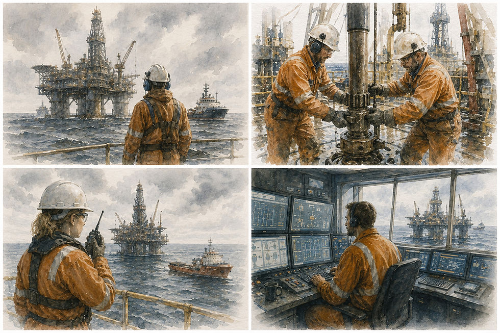 Akvarellillustrasjon delt i fire felt som viser ulike arbeidsoppgaver og roller knyttet til norsk olje- og gassvirksomhet offshore.
Øverst til venstre står en offshorearbeider på dekk og ser mot en oljeplattform i Nordsjøen. Hav, forsyningsskip og krevende værforhold illustrerer arbeidsmiljøet og avstanden til fastlandet.
Øverst til høyre samarbeider to fagarbeidere om teknisk vedlikehold av utstyr på plattformen. Bildet fremhever betydningen av sikkerhet, presisjon og teamarbeid i en kompleks industri.
Nederst til venstre kommuniserer en offshorearbeider via samband mens forsyningsfartøy opererer rundt plattformen. Illustrasjonen viser hvordan beredskap, logistikk og koordinering er avgjørende for sikker drift.
Nederst til høyre overvåker en operatør produksjonsprosesser fra et kontrollrom med utsikt mot installasjonene til havs. Skjermer og digitale systemer illustrerer hvordan teknologi og menneskelig kompetanse arbeider sammen.
Akvarellen løfter frem offshorearbeidere som en viktig del av det verdiskapende Norge. Gjennom teknisk kunnskap, sikkerhetskultur og kontinuerlig samarbeid bidrar de til energiforsyning, arbeidsplasser og inntekter som finansierer fellesskapets tjenester.
Illustrasjonen viser at verdiskaping i energisektoren er avhengig av mennesker med ulik kompetanse – fra fagarbeidere og operatører til ingeniører, logistikkpersonell og beredskapsteam – som sammen sørger for trygg og effektiv drift.