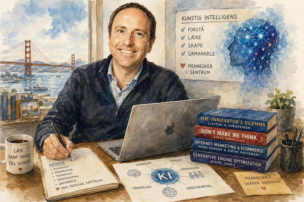 Akvarellillustrasjon av Magne Bjella ved skrivebordet omgitt av fagbøker om kunstig intelligens, innovasjon, digital markedsføring og brukeropplevelser. Illustrasjonen viser hvordan kunnskap fra litteratur, forskning og internasjonale seminarer danner grunnlaget for arbeidet med Den usynlige kapitalen. Bøker av Steve Krug, Clayton Christensen, Ward Hanson og Dixon Jones symboliserer temaer som kunstig intelligens (KI), generativ KI, AI Search, innovasjon, digitalisering, brukeropplevelser, kunnskapsdeling og menneskesentrert verdiskaping.